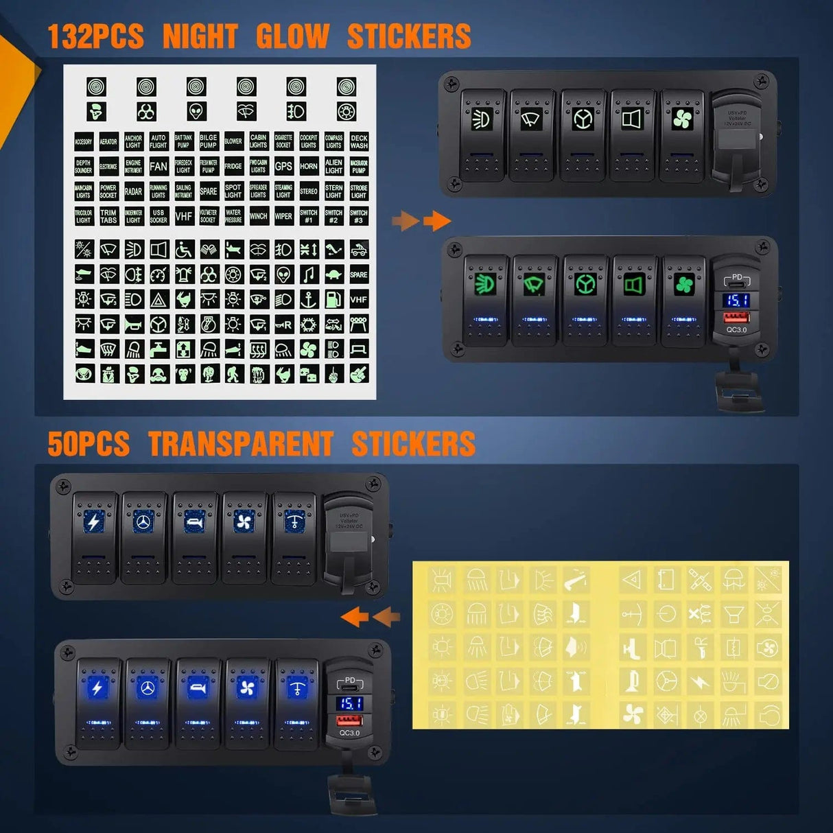 Rocker Switch 5Gang Rocker Switch Box w/ PD Type C | QC 3.0 USB Charger Voltmeter