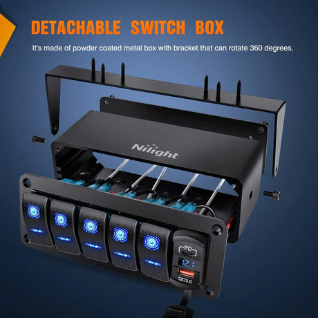 5Gang Rocker Switch Box w/ PD Type C | QC 3.0 USB Charger Voltmeter Nilight