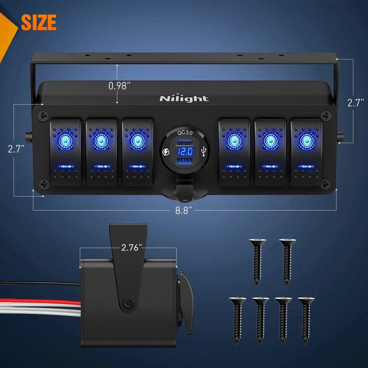 Rocker Switch 6Gang Aluminum ON/Off Rocker Switch Box w/ QC 3.0 Dual USB Charger Voltmeter