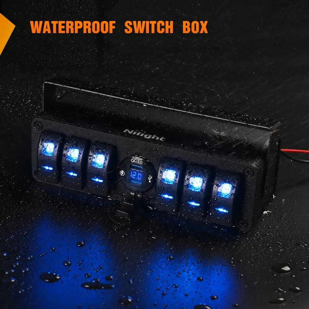 Rocker Switch 6Gang Aluminum ON/Off Rocker Switch Box w/ QC 3.0 Dual USB Charger Voltmeter