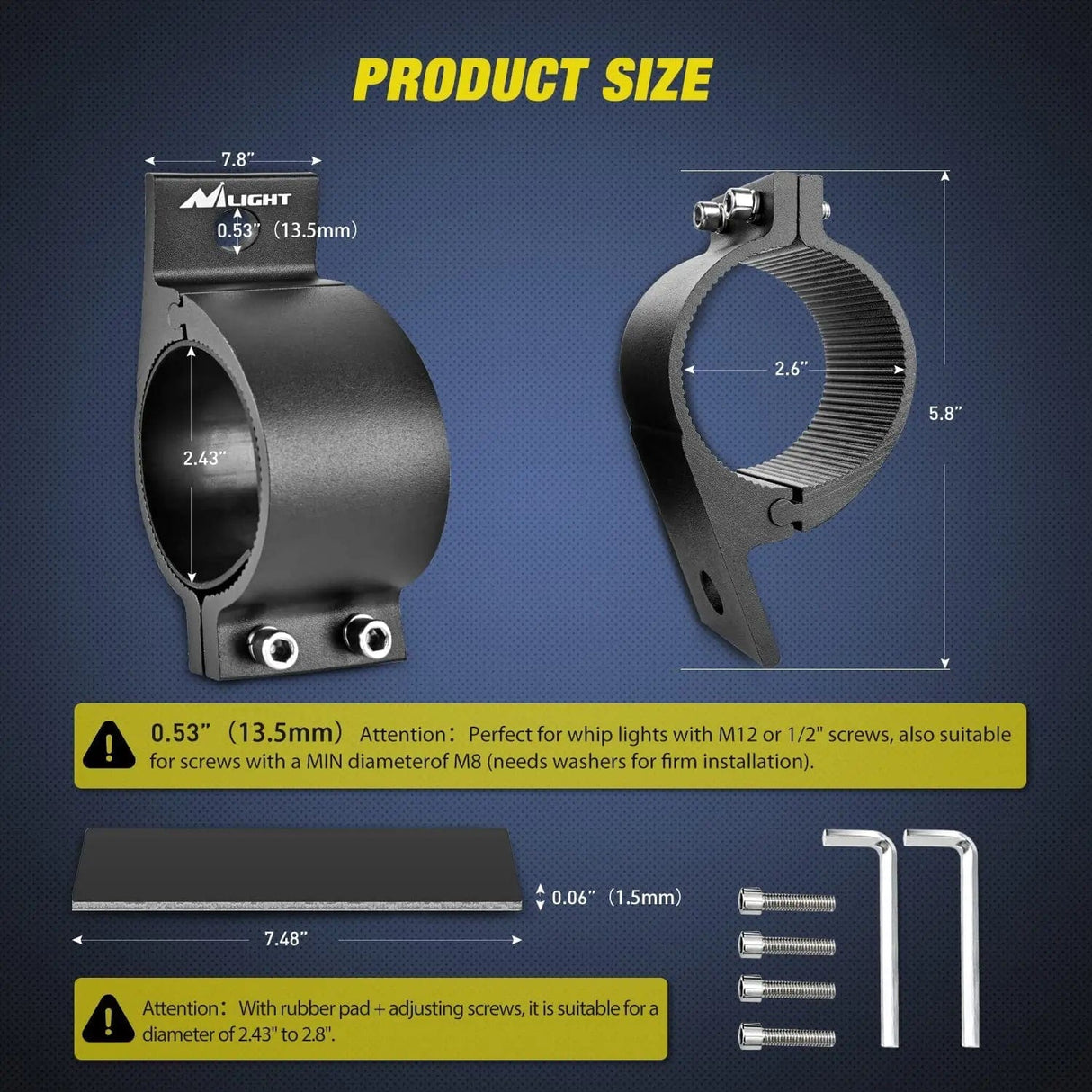 Mounting Accessory Tube Clamp Mount Bracket Kits Fit 2.43in-2.8in Round Bull Bar (Pair)