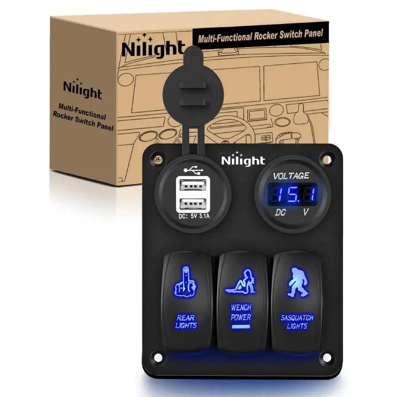 Rocker Switch 3Gang Sasquatch Lights/Wench Power/Rear Lights 5Pin ON/Off Rocker Switch Panel W/ USB Charger LED Voltmeter