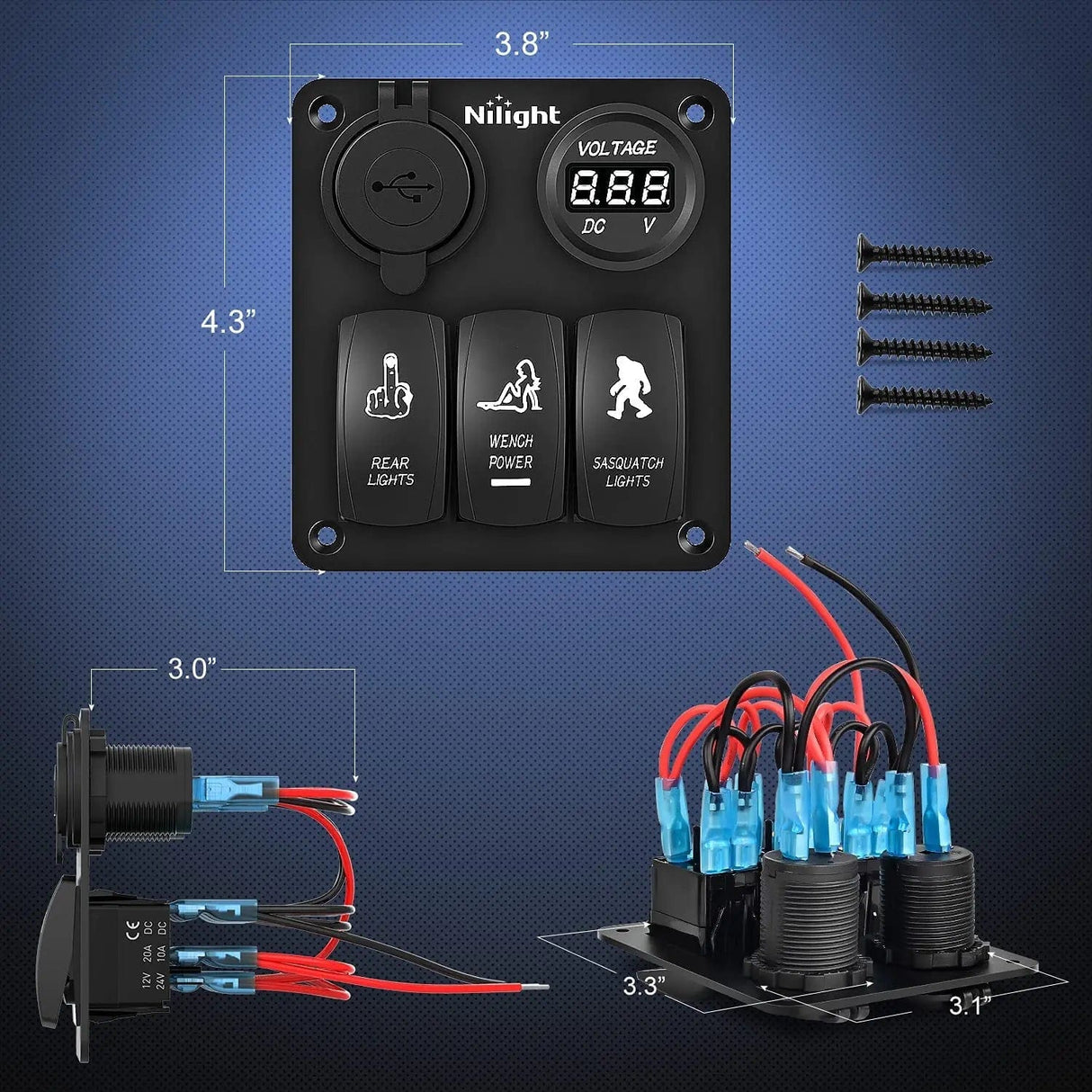 Rocker Switch 3Gang Sasquatch Lights/Wench Power/Rear Lights 5Pin ON/Off Rocker Switch Panel W/ USB Charger LED Voltmeter