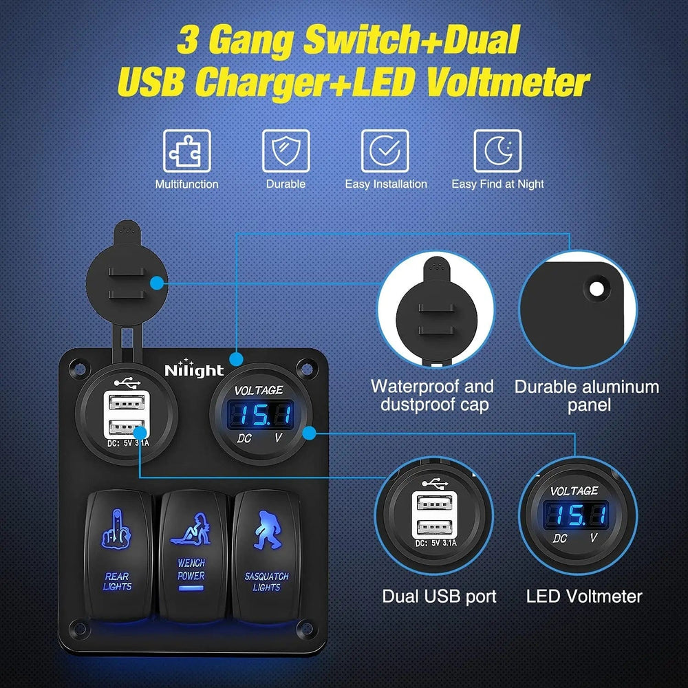 Rocker Switch 3Gang Sasquatch Lights/Wench Power/Rear Lights 5Pin ON/Off Rocker Switch Panel W/ USB Charger LED Voltmeter