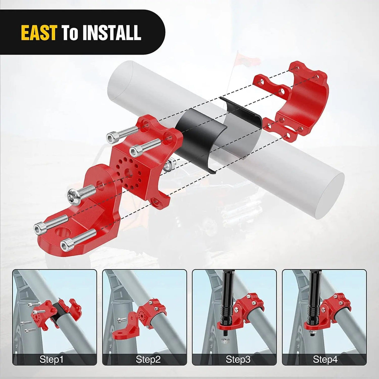 Accessories UTV Flag Antenna Mount Bracket 1.5in-1.75in | 1.75in-2in Round Roll Cage Red