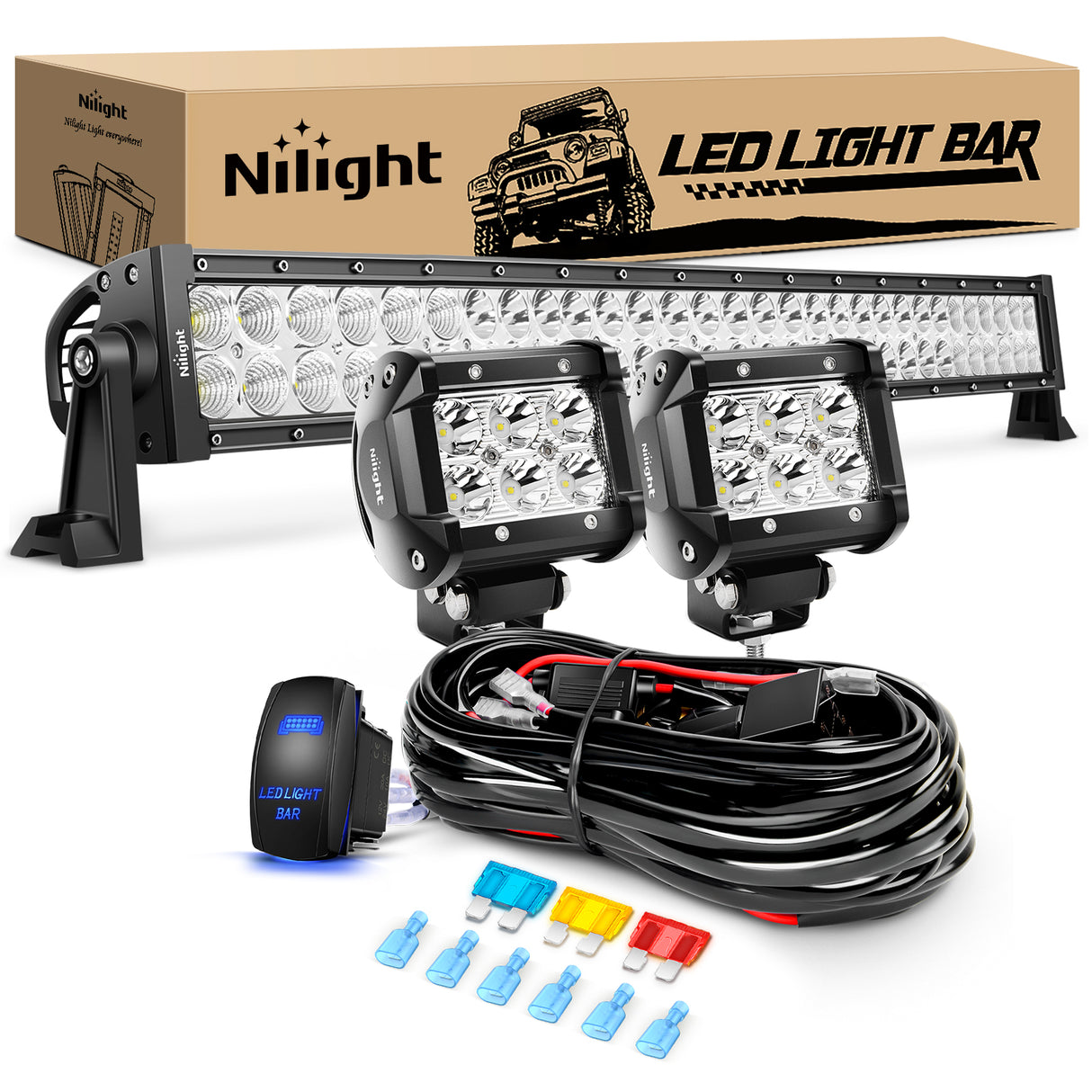 Nilight 32 Inch 180W Spot Flood Combo Led Light Bar 2Pcs 18W 4Inch Spot LED Pods Driving Off Road Lights with 14AWG Wiring Harness Kit-3 Leads for Van Car Pickup Golf Cart ATV UTV SUV Truck Boat