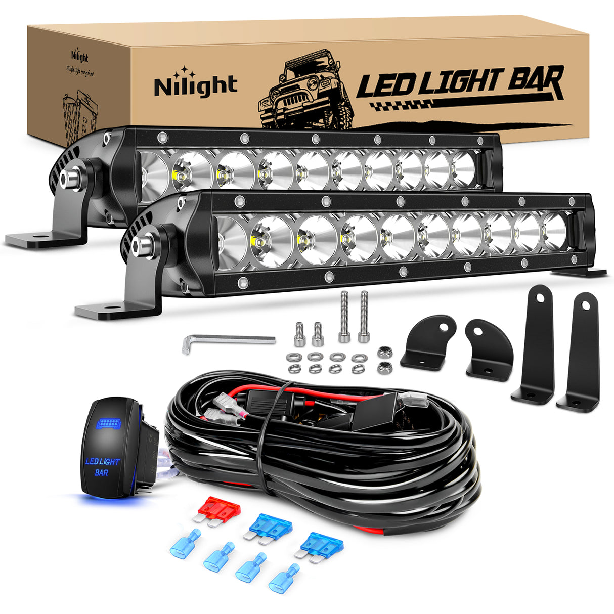 Nilight Led Light Bar 2Pcs 11 Inch 50W Super Slim Spot Flood Combo 5000LM 3D Driving Fog Off Road Lights Pods with Wiring Harness Kit-2 Lead for Trucks Pickup SUV ATV UTV Boat 4x4 Van Camper