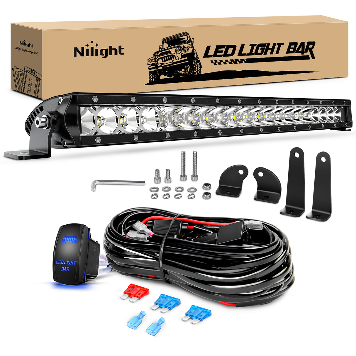 Nilight LED Light Bar 21inch 100W Spot Flood Combo Super Slim 9000LM Off Road 3D LED Driving Off Road Lights with Wiring Harness Kit-1 Lead for Trucks Pickup SUV ATV UTV Boat 4x4 Van Camper