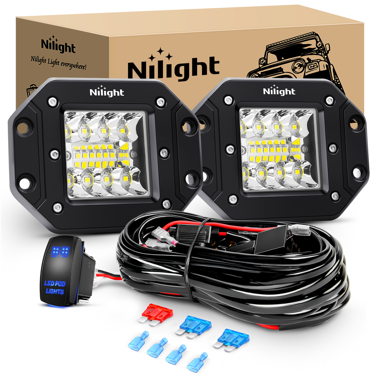 Nilight 2PCS 42W LED Flush Mount Light Pods Upgraded Spot Flood Combo Beam 12V 5Pin Rocker Switch Wiring Harness Kit-2 Leads, 2 Years Warranty (ZH044)