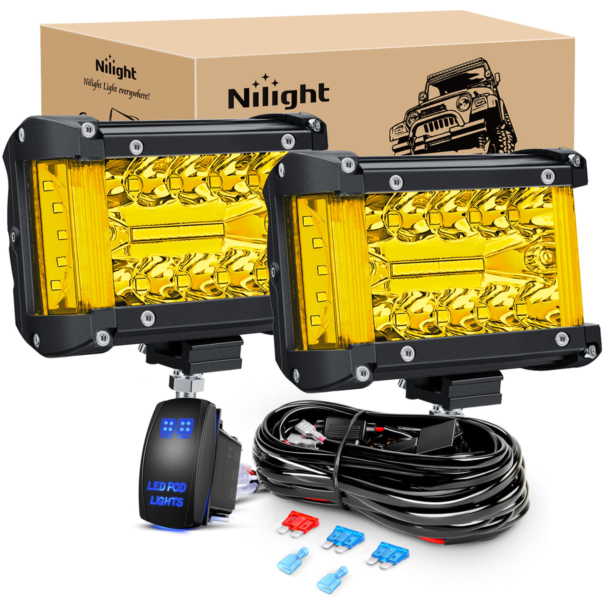 Nilight Side Shooter LED Light Bar 2PCS 4.3Inch Triple Row Spot Flood Combo Yellow Beam Lighting with 5Pin Rocker Switch Wiring Harness Kit for Off Road Light on Truck SUV ATV UTV