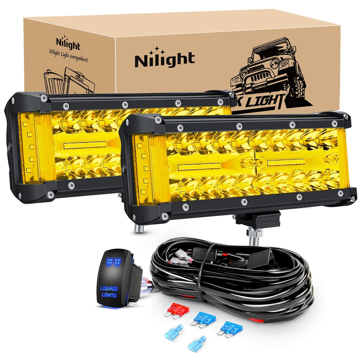 LED Light Bar 2PCS 7Inch Triple Row Spot Flood Combo Yellow Beam with 5Pin Rocker Switch Wiring Harness Kit