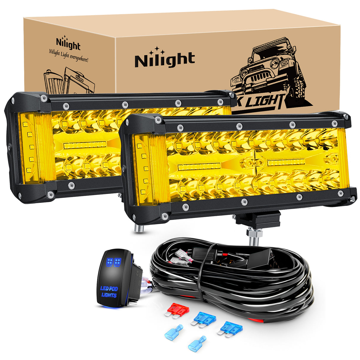 Nilight Side Shooter LED Light Bar 2PCS 7 Inch Triple Row Spot Flood Combo Yellow Beam Pods with 5Pin Rocker Switch Wiring Harness Kit for Off Road Lighting on Truck SUV ATV UTV