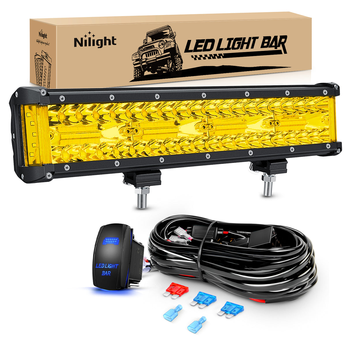 Nilight Side Shooter Light Bar 12Inch Triple Row Spot Flood Combo Yellow Beam Work Lights with 5Pin Rocker Switch Wiring Harness Kit for Off-Road Lighting on Truck SUV ATV UTV