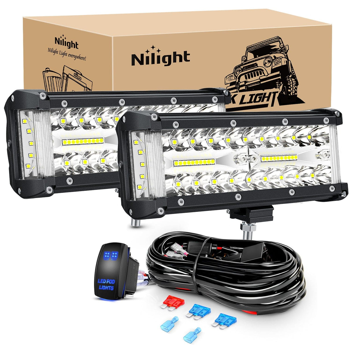 LED Light Bar 2PCS 7Inch Triple Row Spot Flood Combo Led Light Bars with 5Pin Rocker Switch Wiring Harness Kit