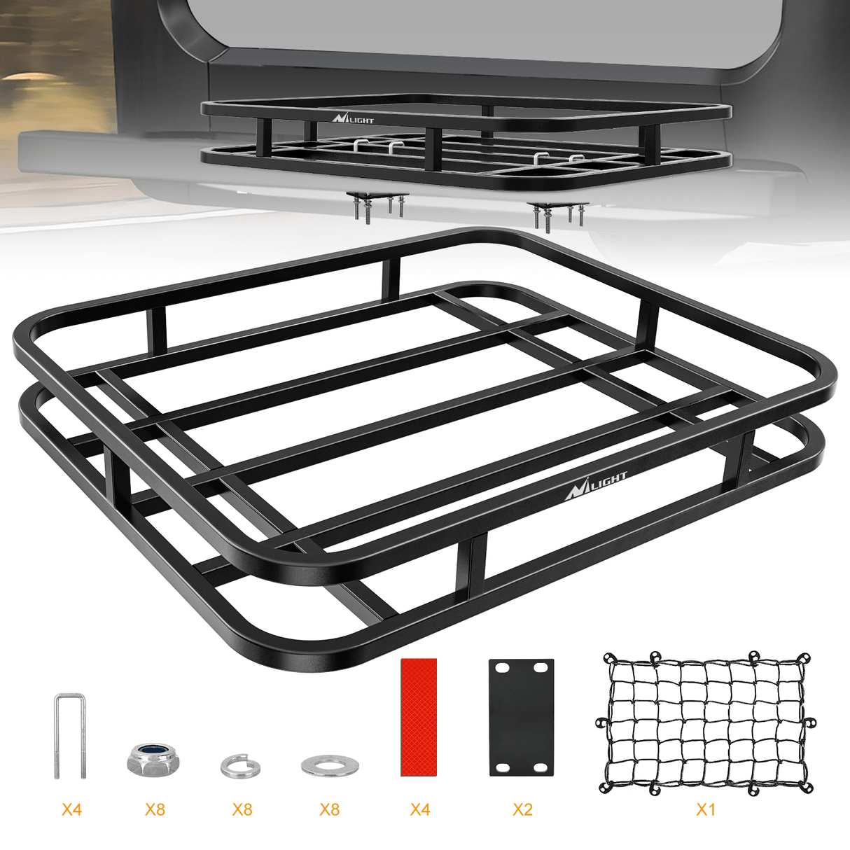 Accessories 32 x 26 x 4 Inch RV Bumper Mounted Cargo Rack Carrier with Net Fits 4-inch or 4-1/2-inch Bumpers