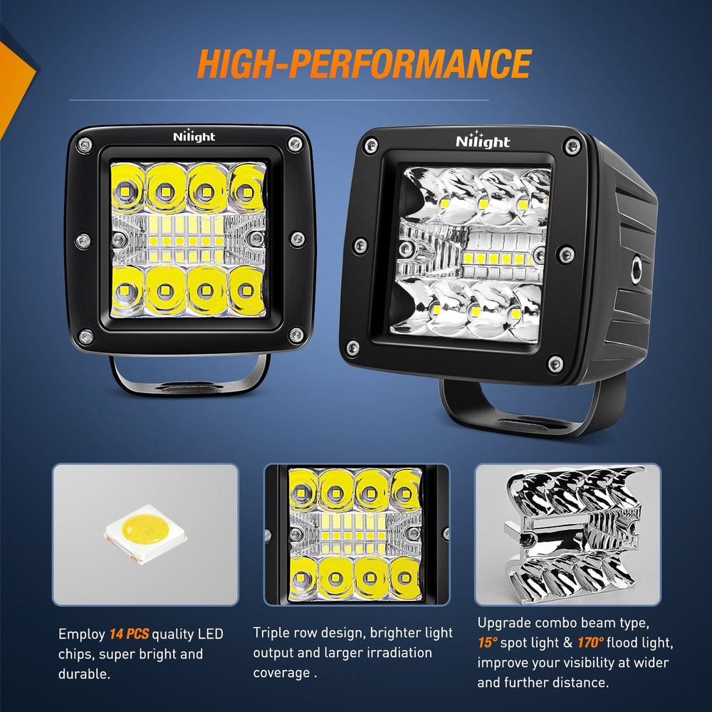 LED Light Bar 3 Inch 42W Upgraded Triple Row Spot Flood Square LED Pods  with Amber/Black Covers (Pair)