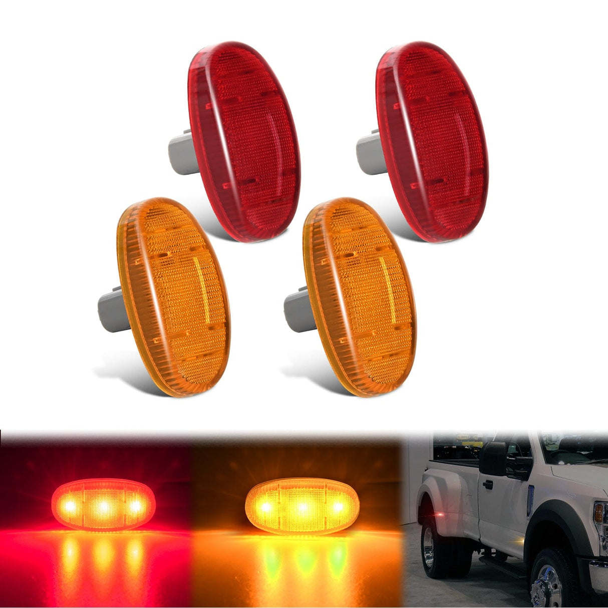 Side Marker Clearance Lights 4 PCS 3 LED Red Amber Wheel Fender Side Marker Lights Compatible With 2011-2016 F250 F350 F450 F550 Super Duty