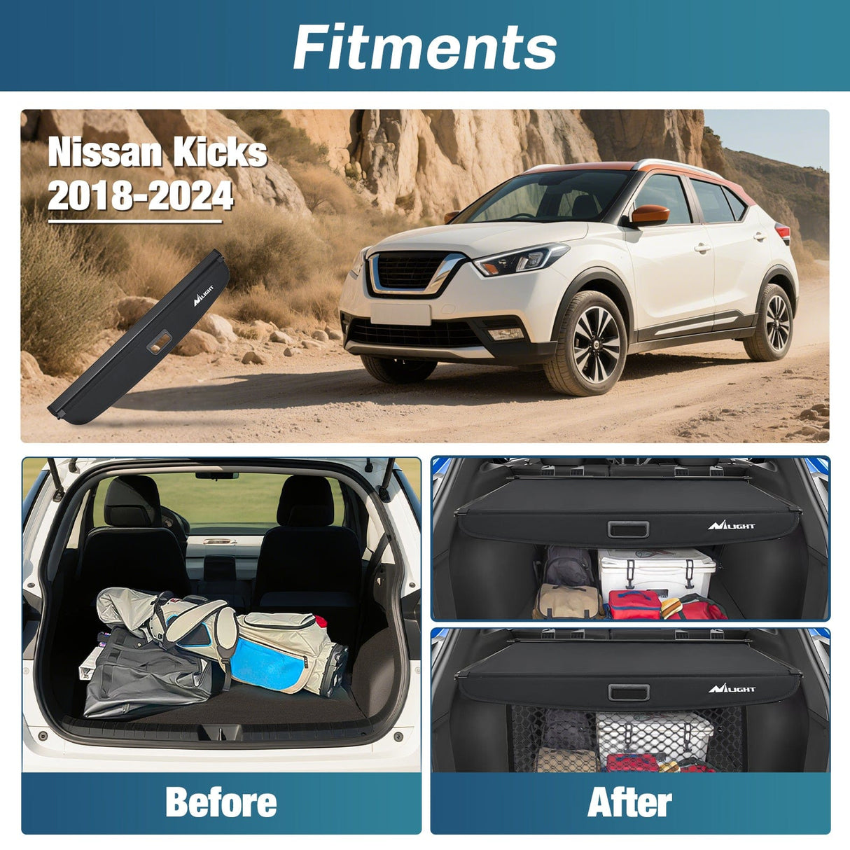 Trunk Cargo Cover Trunk Cargo Cover for Nissan Kicks 2018 2019 2020 2021 2022 2023 2024, Retractable Security Shade Rear Cargo Cover, with Trunk Storage Net