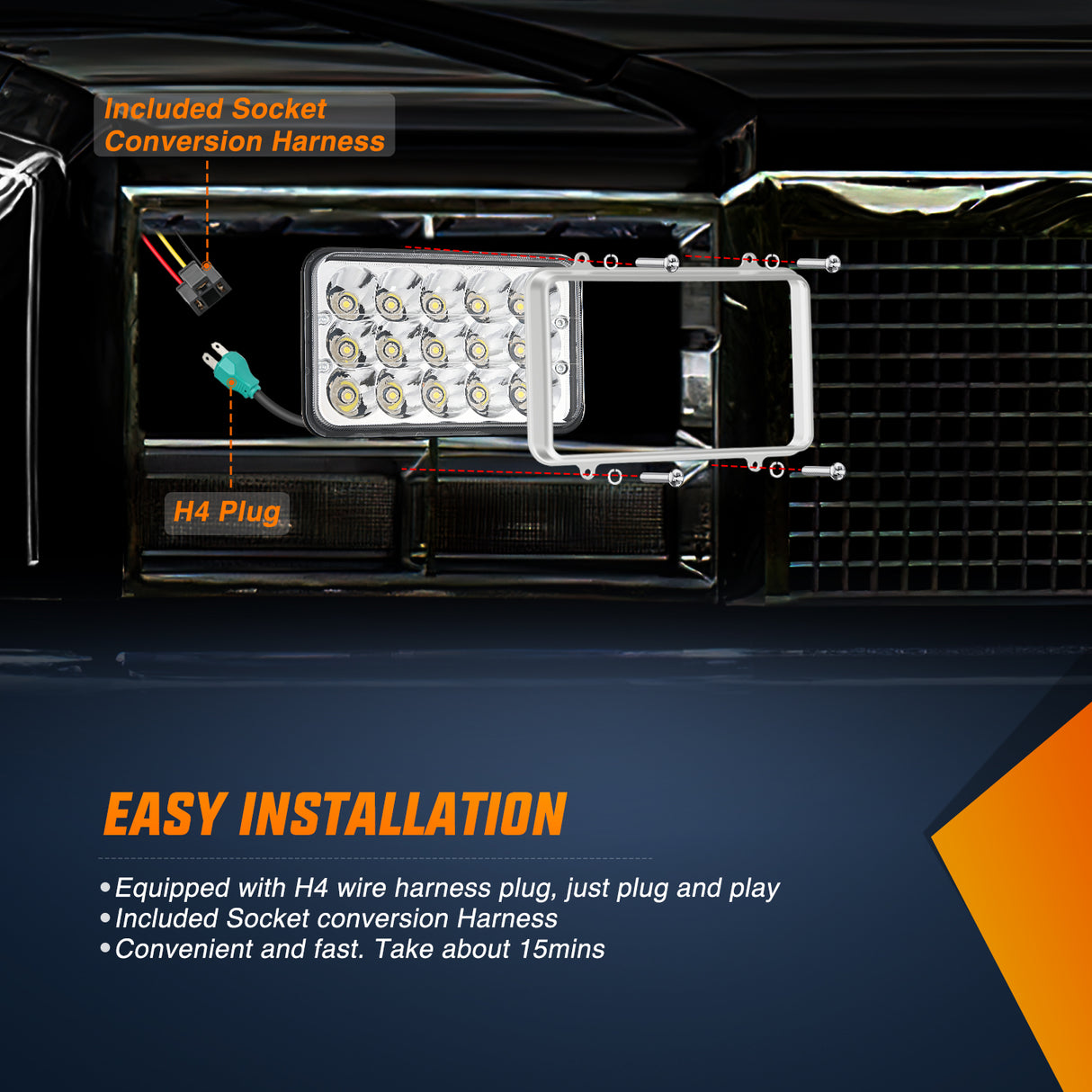 LED Headlight 4x6 Inch LED Headlights 45W Hi/Lo Sealed Beam Rectangular Headlight Replacement H4651 H4652 H4656 H4666 H6545 Compatible with Chevy Kenworth Peterbil Ford Freightliner Oldsmobile(Silver, 4PCS)