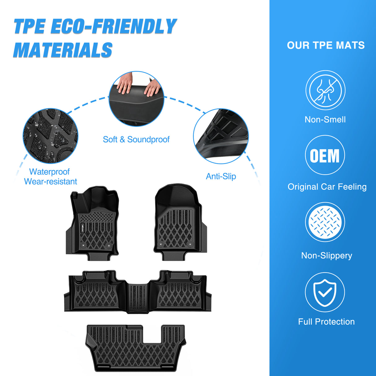 TPE Floor Mats for Dodge Durango 7 Seats 2nd Row Bench Seat 2016 2017 2018 2019 2020 2021 2022 2023 2024 2025 2026 All Weather Custom Fit Heavy Duty Floor Liners