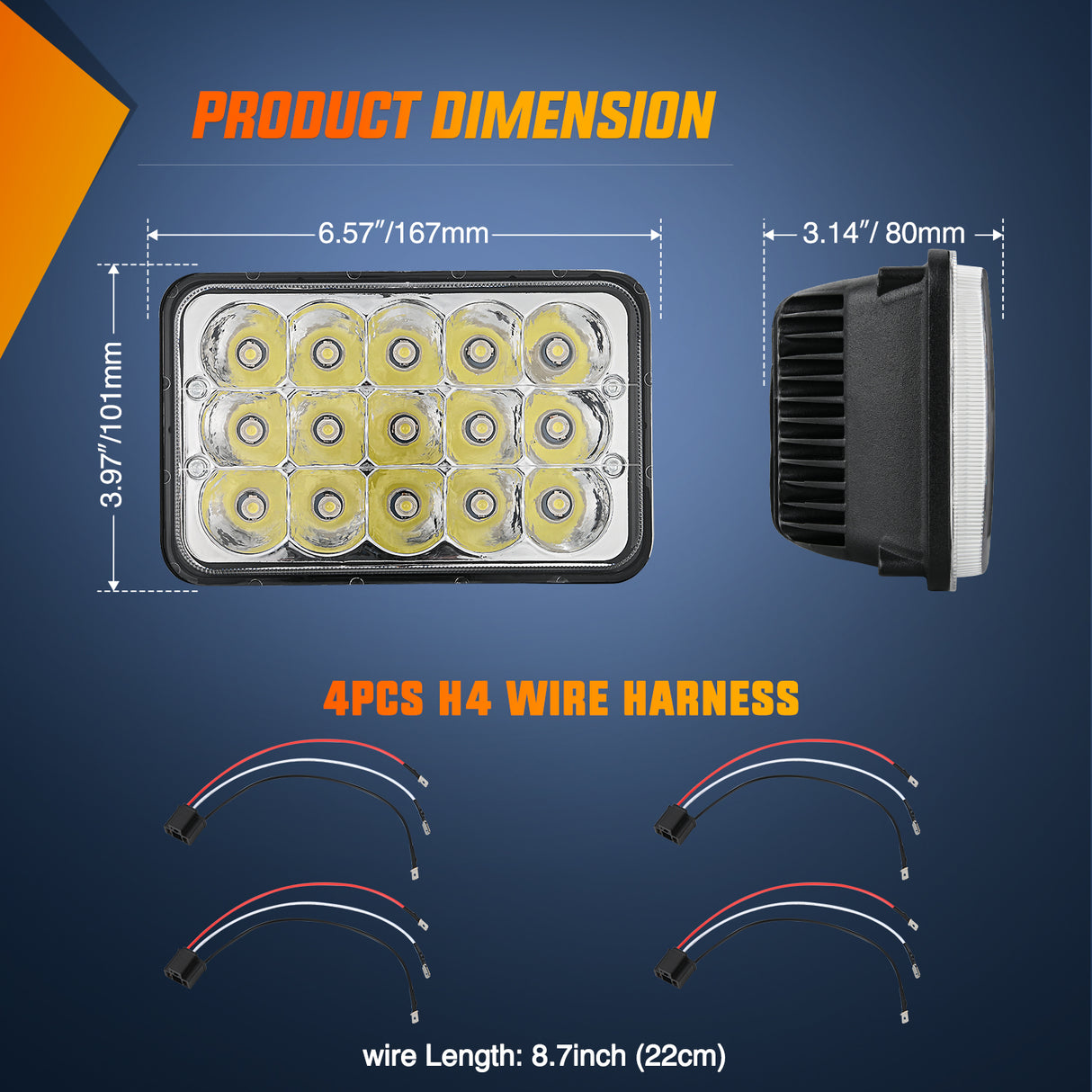 4x6 Inch LED Headlights 45W Hi/Lo Sealed Beam Rectangular Headlight Replacement H4651 H4652 H4656 H4666 H6545 Compatible with Chevy Kenworth Peterbil Ford Freightliner Oldsmobile(Silver, 4PCS)