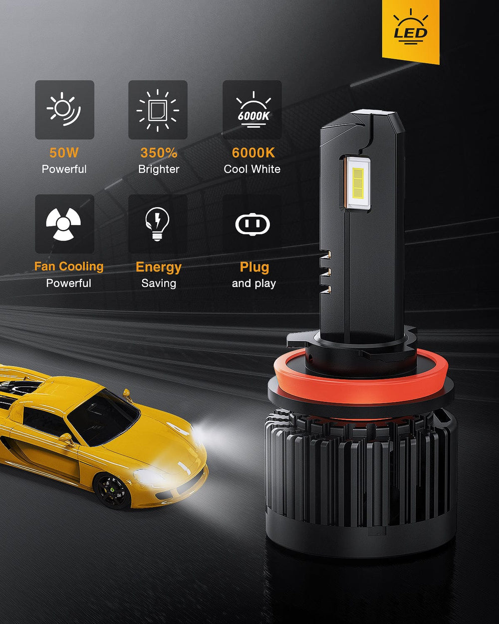 LED Headlight H11 Headlight Bulbs E20 Series 50W 10000LM 6000K IP67 | 2 BULBS