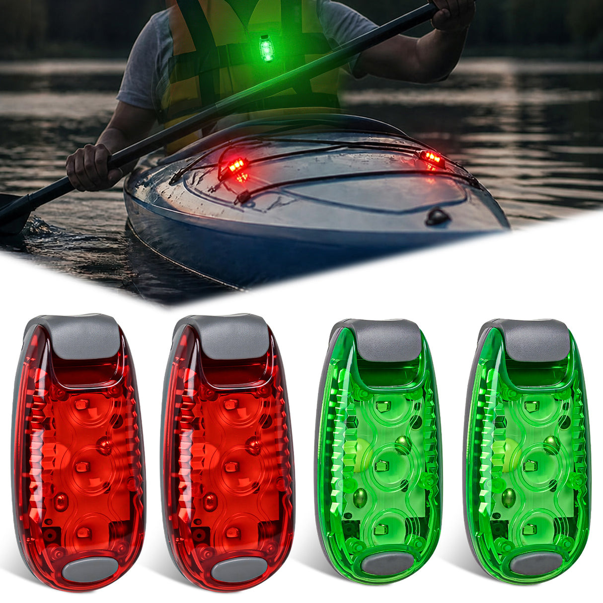 LED Safety Light 4PCS Red Green Marine Navigation Bike Tail Lights Three Modes Waterproof Reflective Gear Clip On Flash Strobe Indicator Lamp for Night Boating Fishing Cycling Jogging