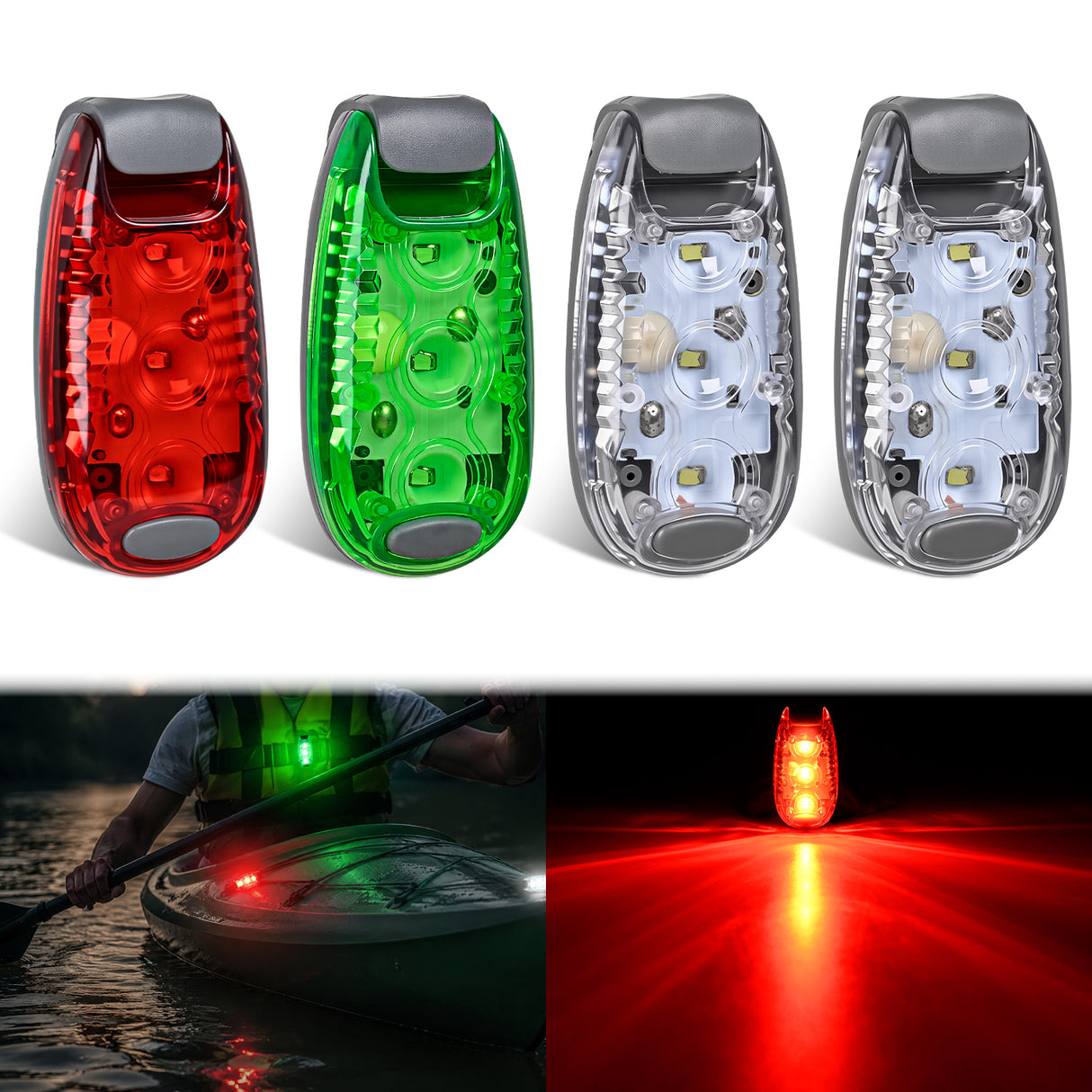 LED Safety Light 4PCS Red Green White Marine Navigation Bike Tail Lights Three Modes Waterproof Reflective Gear Clip On Flash Strobe Indicator Lamp for Night Boating Fishing Cycling Jogging