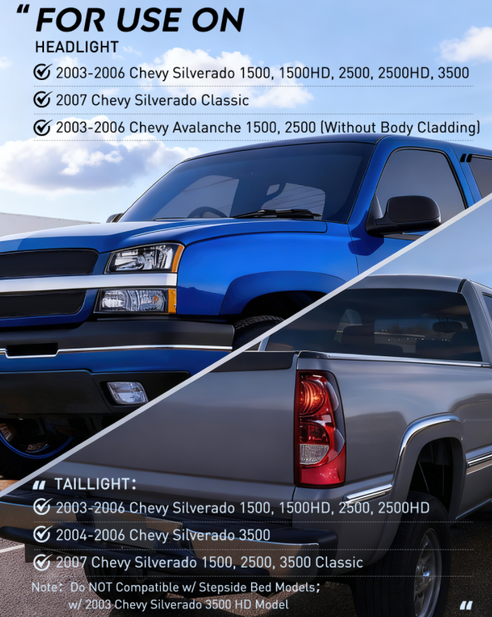2003 2004 2005 2006 Chevy Silverado 1500 1500HD 2500 2500HD 3500 2007 Chevy Silverado 1500 2500 3500 Classic OE Style Black Housing Clear Reflector Headlight Taillight Assembly