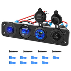4 in 1 ON/OFF Blue Charger Socket Panel w/ PD Type C QC 3.0 USB Voltmeter Cigarette