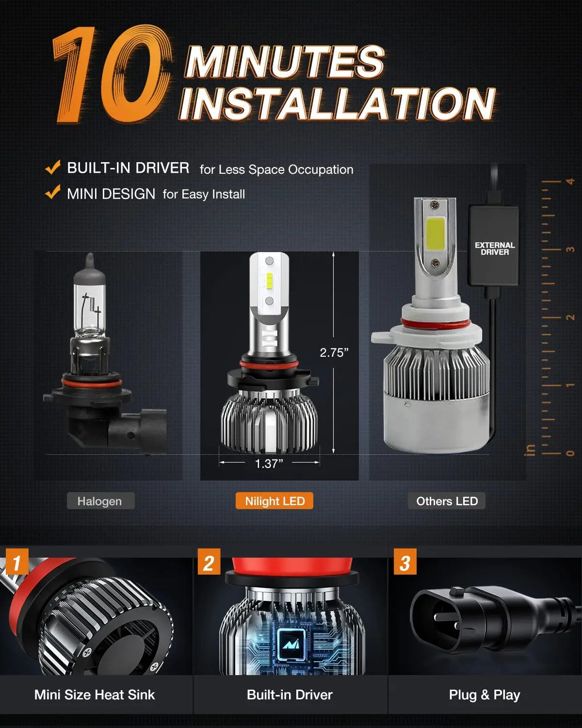 LED Headlight Nilight 9005/HB3 H11/H9/H8 LED Headlight Bulbs, High and Low Beam LED Headlights Combo, 6000K Cool White IP67, Plug and Play, 4-Pack