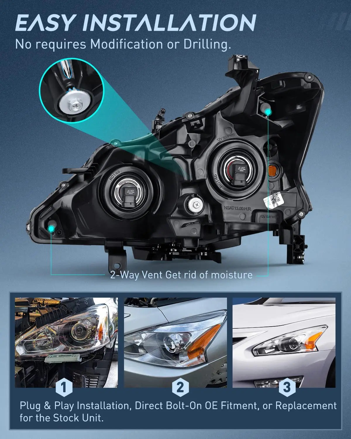 2013-2015 Nissan Altima 4 Door Sedan Headlight Assembly Chrome Case Amber Reflector Nilight