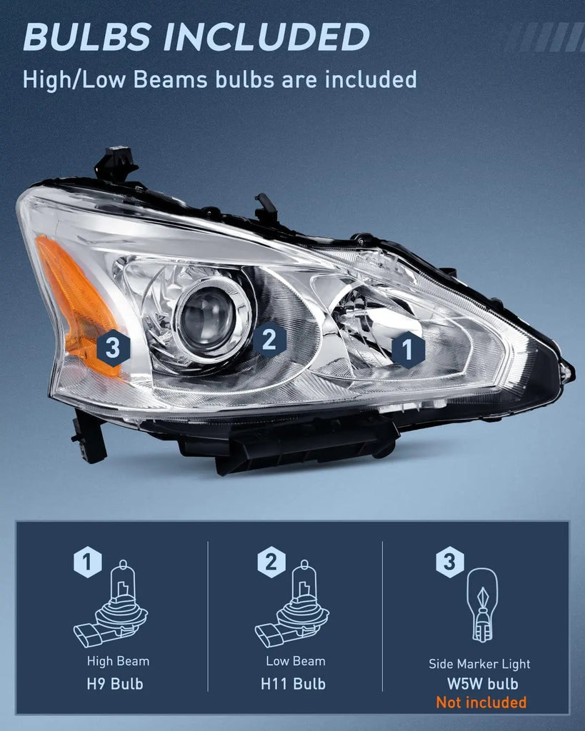 Pair Of Chrome Headlight Assemblies For 2013-2015 Nissan Altima Sedan - Left & Right