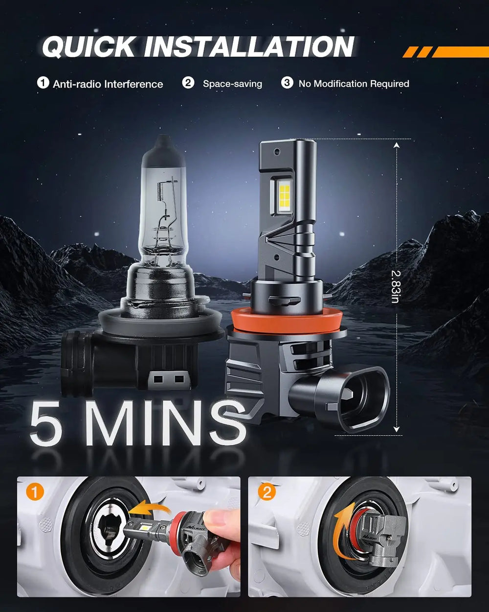 LED Headlight Nilight 9005/HB3 LED Headlight Bulbs, 16000LM 500% Brighter Cool White 6000k Wireless LED headlight bulbs, High Beam Halogen Headlamp Upgrade Replacement, Small Size, Pack of 2