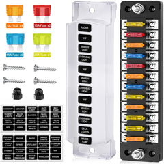 12 Way Fuse Block with Negative Bus 12V Blade Fuse Holder ATC/ATO Standard Fuse Box Label Stickers Waterproof Cover Fuse Panel