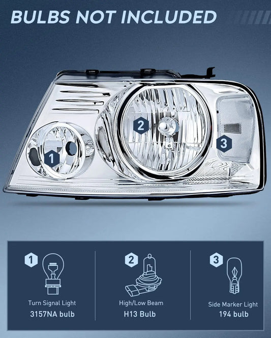 Nilight Headlight Assembly for 2004 2005 2006 2007 2008 Ford F150 Pickup /2006 -2008 Lincoln Mark LT Passenger Driver Side Chrome Housing Clear Reflector Lens Headlamp Replacement,2 Years Warranty
