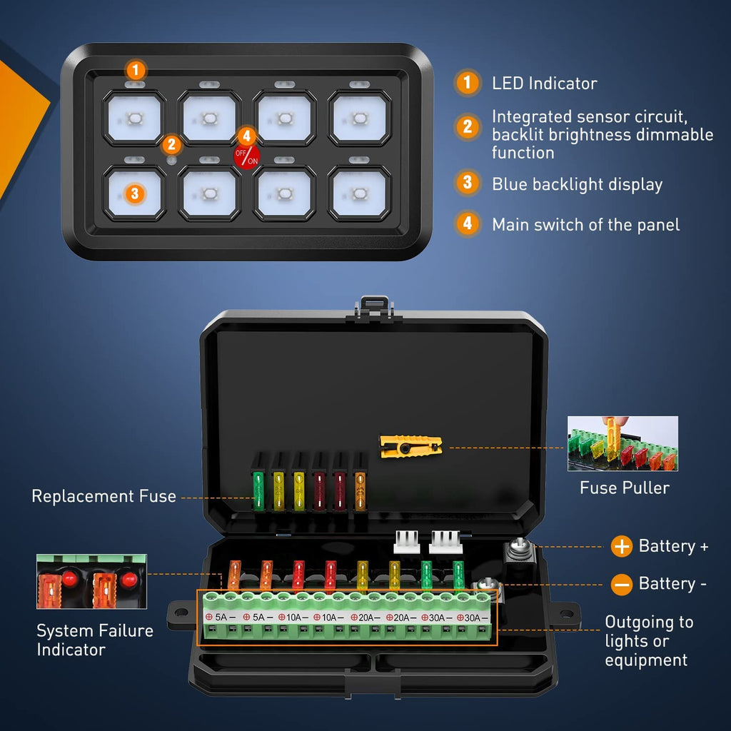 8Gang Multifunction Blue Rocker Switch Panel System – Nilight