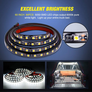 60” 504Leds Red White Amber Triple Row LED Tailgate Light Strip 4Way Y-Splitter 3PCS Nilight