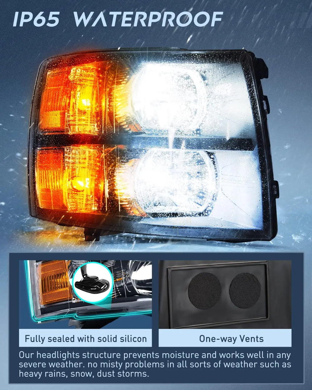 2007-2013 Chevy Silverado 1500 2007-2014 Silverado 2500HD 3500HD Headlight Assembly Black Case Amber Reflector Nilight