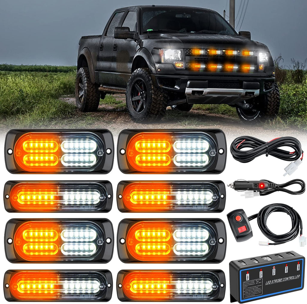 Trailer Light Nilight 8PCS LED Strobe lights 12V Sync Feature Amber White 12 24LED Emergency Hazard Warning Lights with Strobe Controller for Cars Trucks RVs Campers, 2 Years Warranty