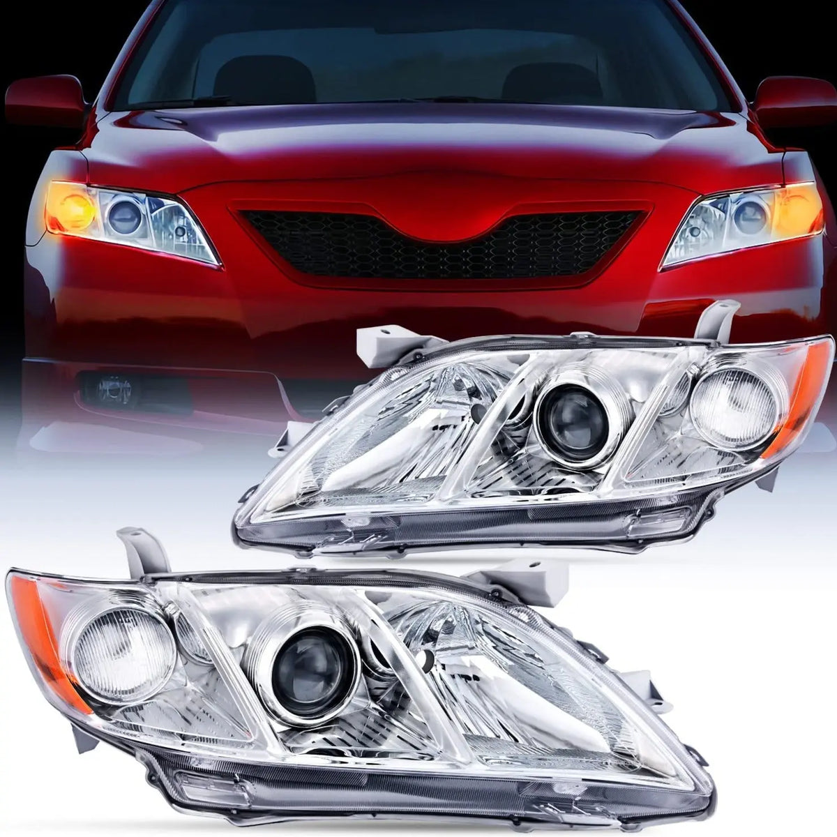 2007 2008 2009 Toyota Camry Headlight Assembly Chrome Case Amber Nilight 