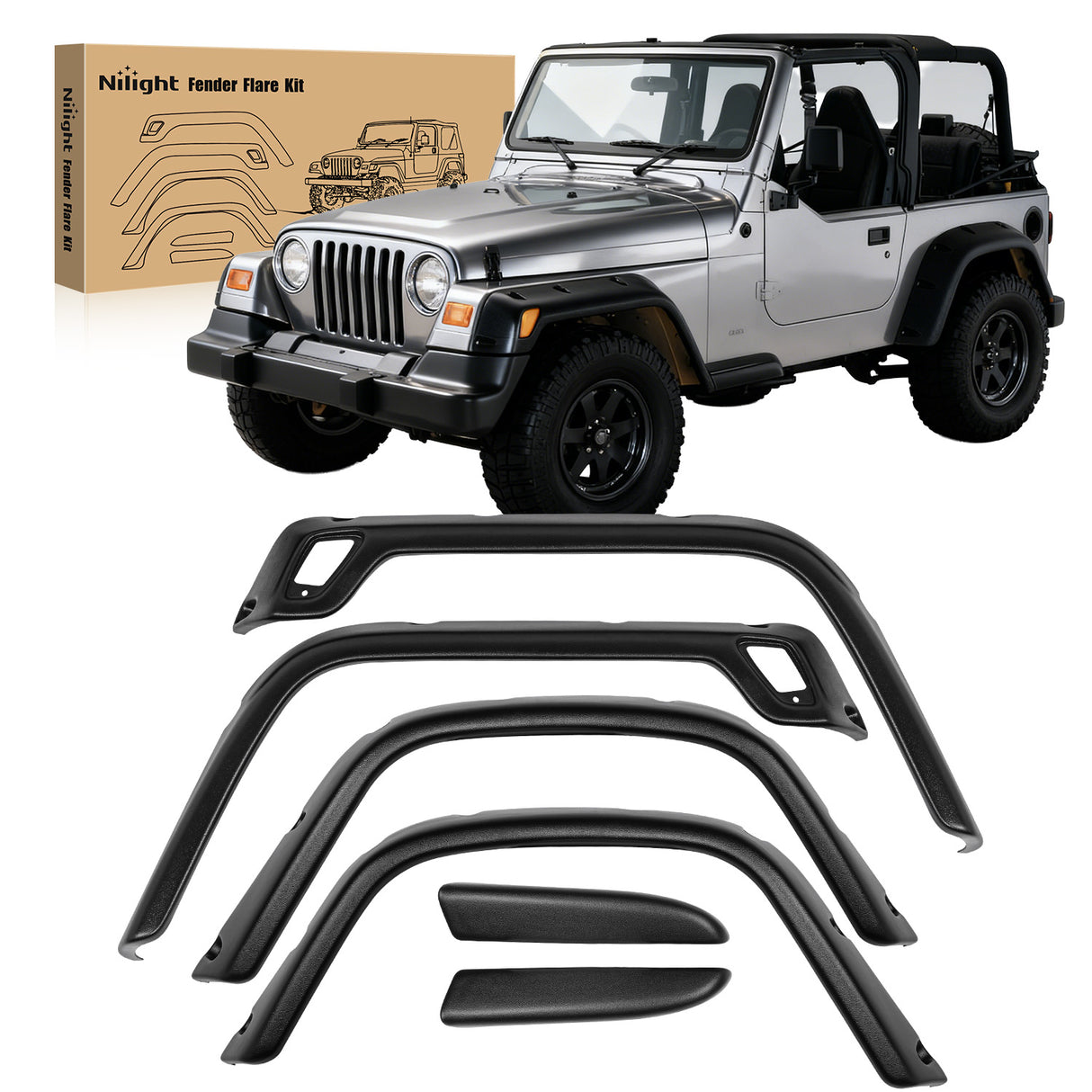 Fender Flares Kit Fit for Jeep Wrangler TJ 1997-2006 1998 1999 2000 2001 2002 2003 2004 2005 Front&Rear 6Inch Wide Wheel Fender Flares Cover Factory Style Automotive Fender Flare Set, 6Pcs