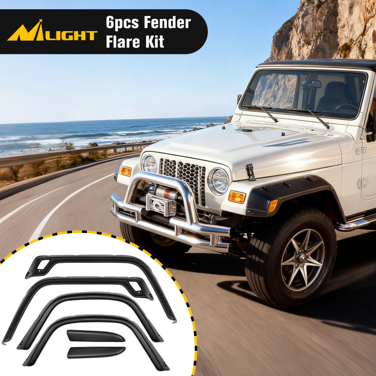 Fender Flares Kit Fit for Jeep Wrangler TJ 1997-2006 1998 1999 2000 2001 2002 2003 2004 2005 Front&Rear 6Inch Wide Wheel Fender Flares Cover Factory Style Automotive Fender Flare Set, 6Pcs