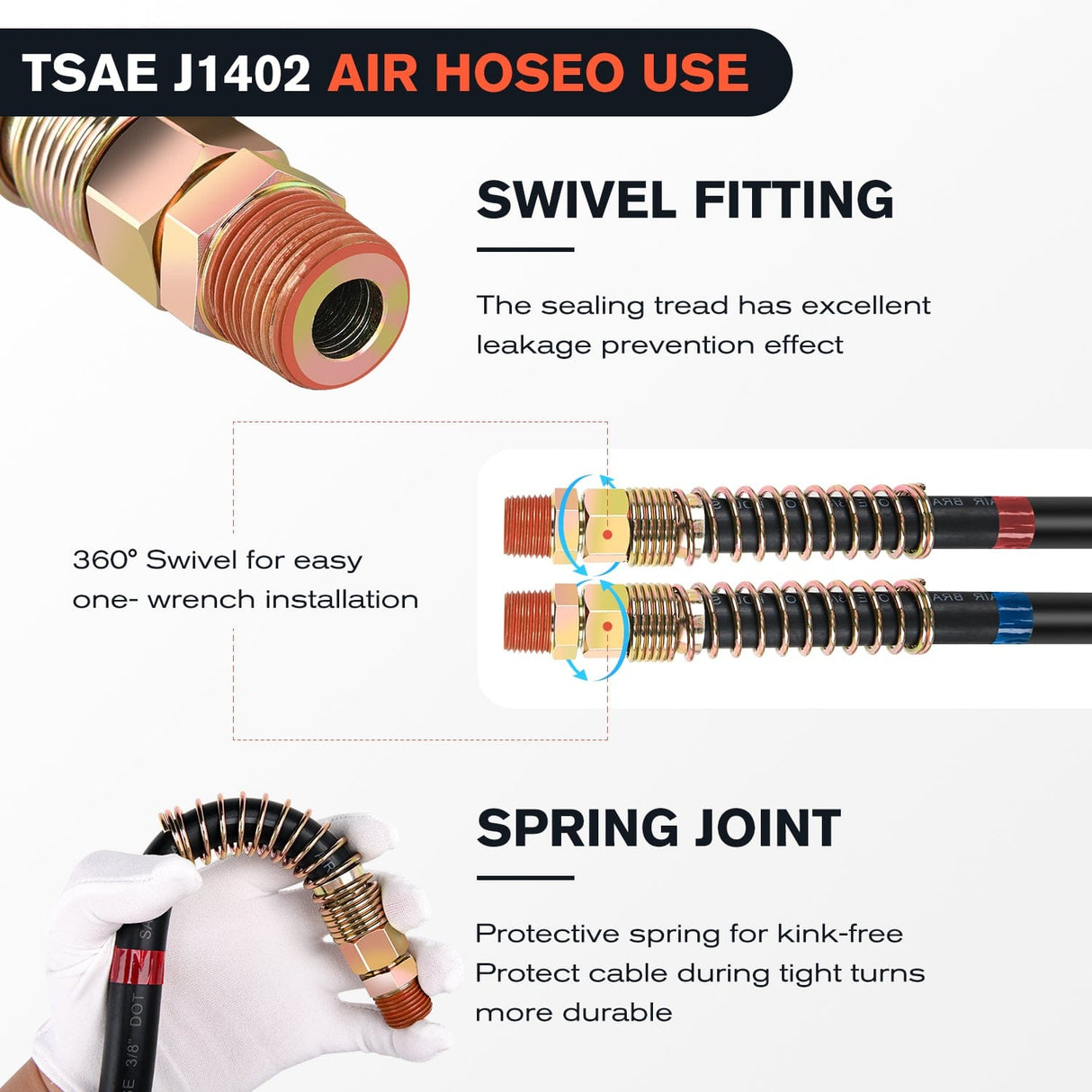 15FT Air Line Hose Assembly Rubber Air Hose with 1/2Inch NPT Swivel Nilight