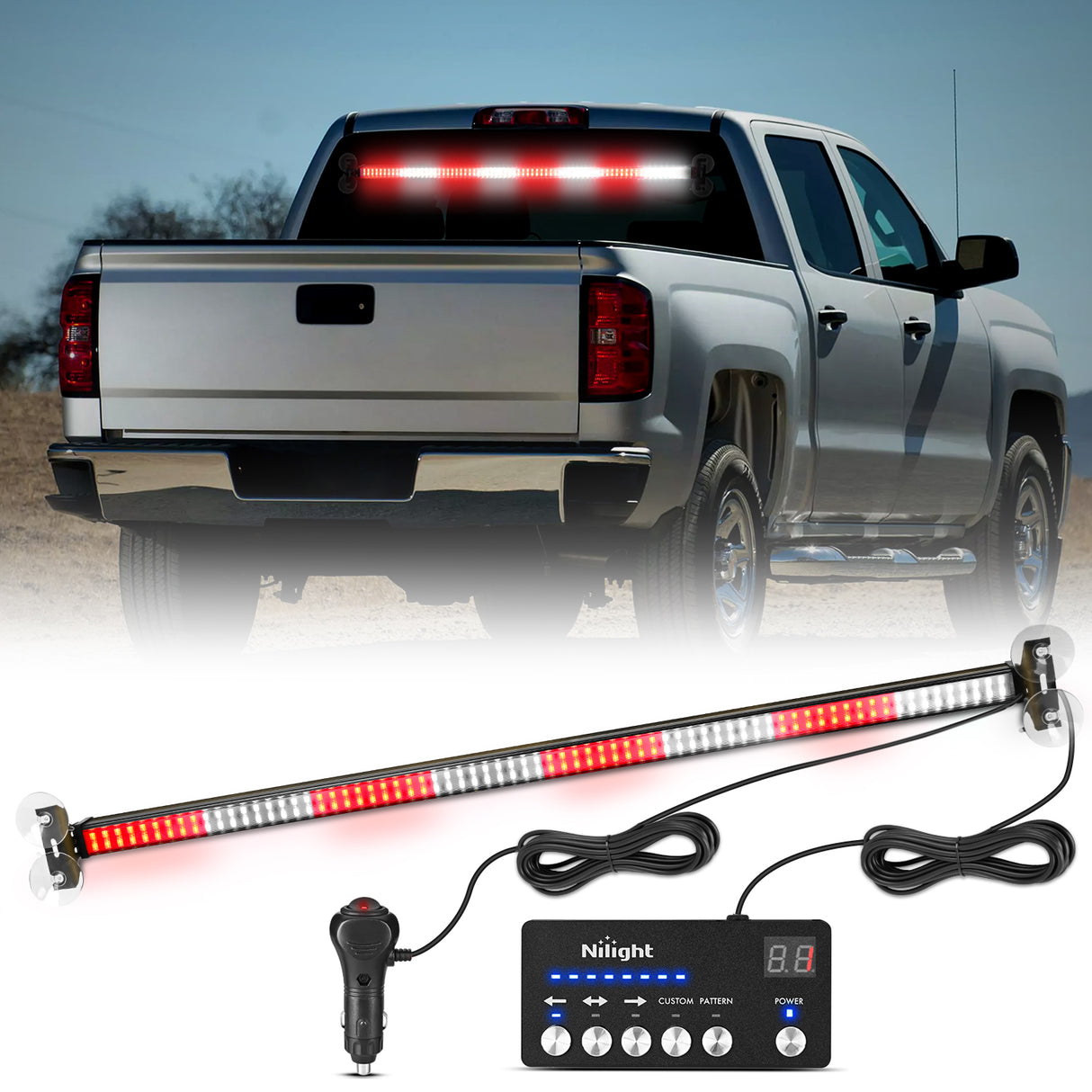 Nilight 144LED Traffic Advisor Strobe Light Bar with Controller Red White Emergency Warning Lights Hazard Interior Front/Rear Windshield Flashing for Cars Plow Trucks Construction Vehicles