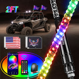 2Pcs 2FT Spiral Antenna Bluetooth Remote App Control Led Whip Light | 10FT Wire 5Pin Switch