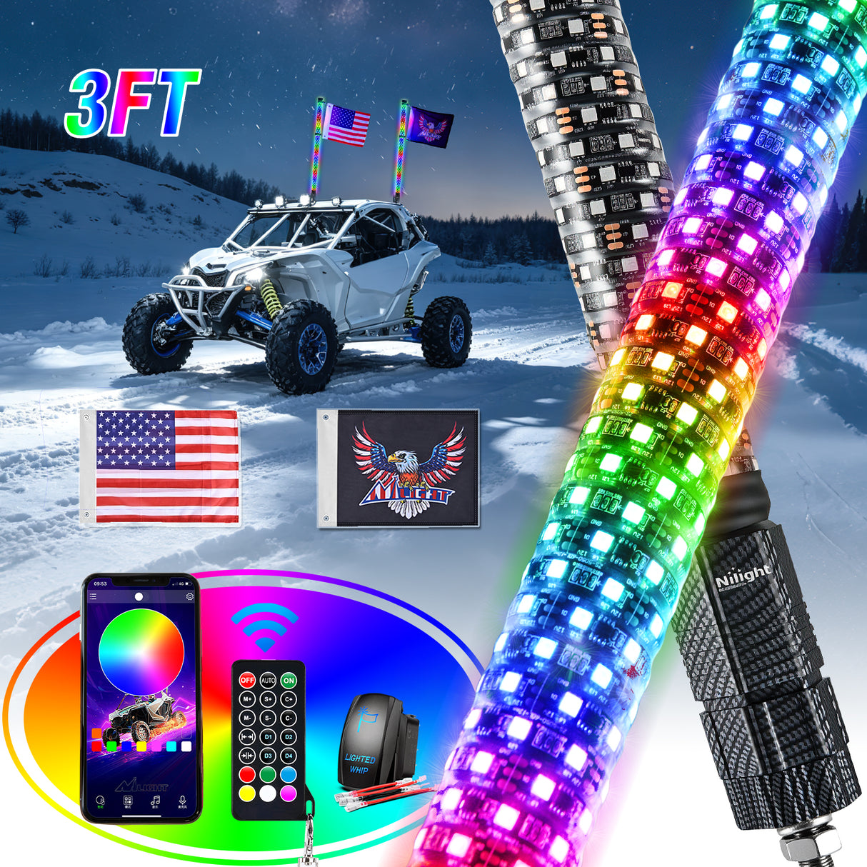 2Pcs 3FT Spiral Antenna Bluetooth Remote App Control Led Fat Whip Light