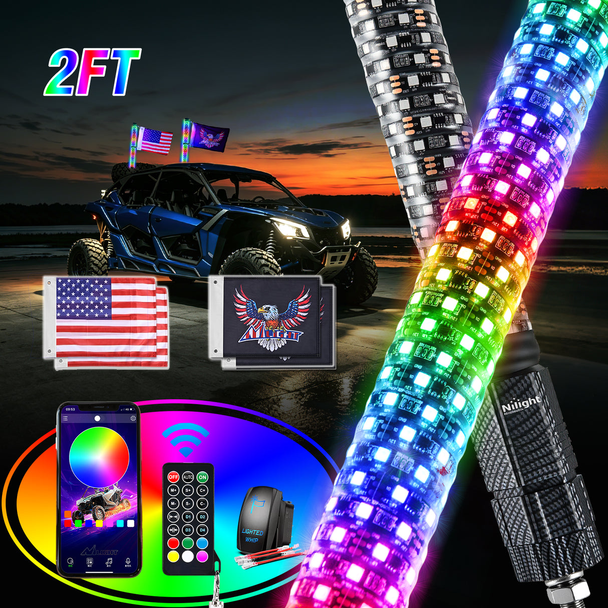 2Pcs 2FT Spiral Antenna Bluetooth Remote App Control Led Fat Whip Light