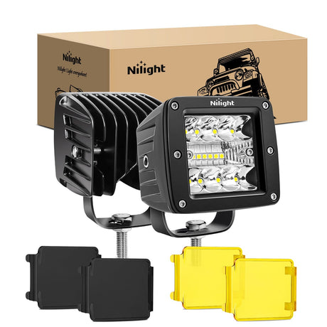 Nilight 3 Inch 42W Upgraded Triple Row Spot Flood Square LED Pods  with Amber/Black Covers (Pair)