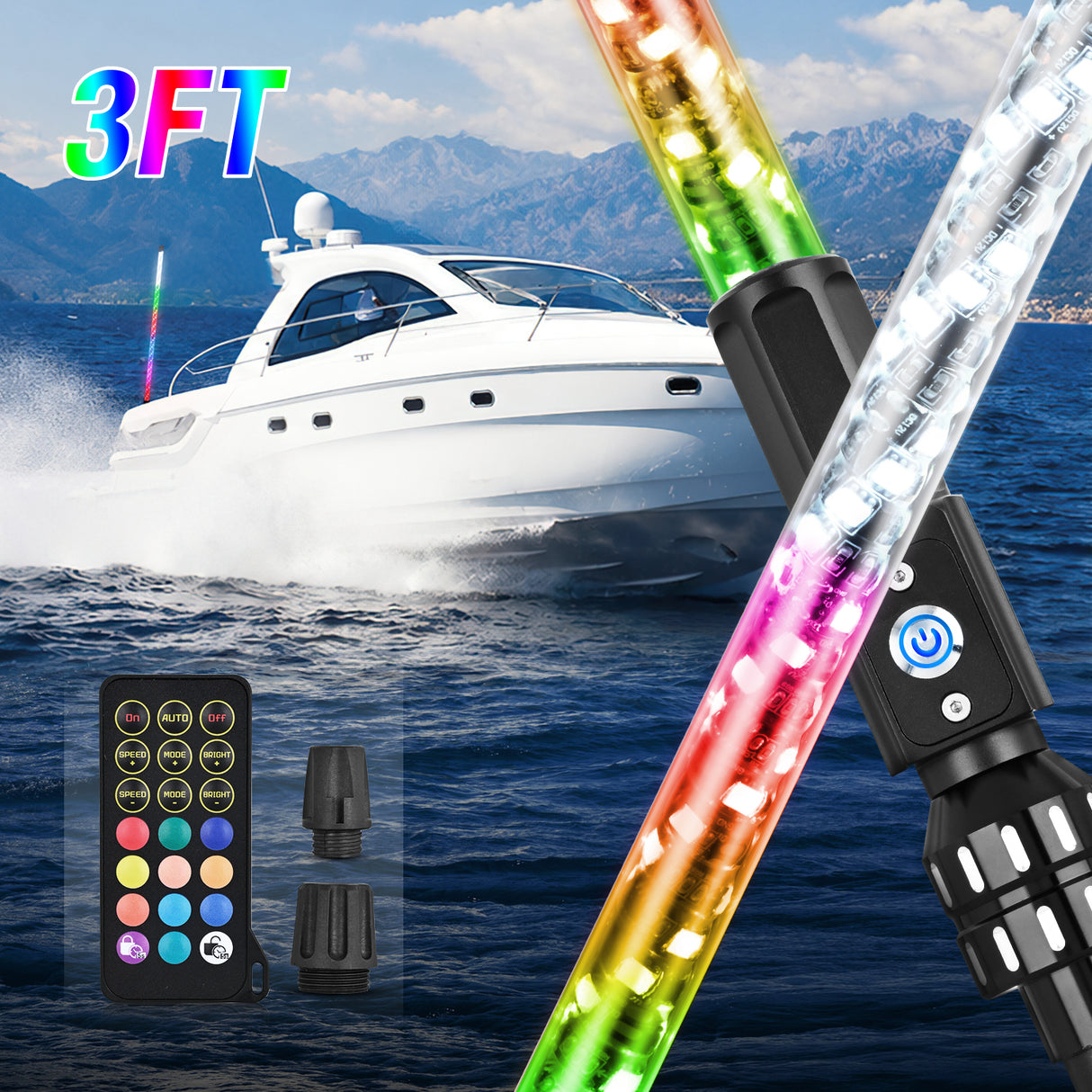 Boat Navigation Whip Light 3FT 360° Visibility 2NM Coast Guard Compliant 400+ Patterns with Remote Plug-in Base LED Spiral Boats Stern Lights for Night Fishing, Yacht, Pontoon Accessories